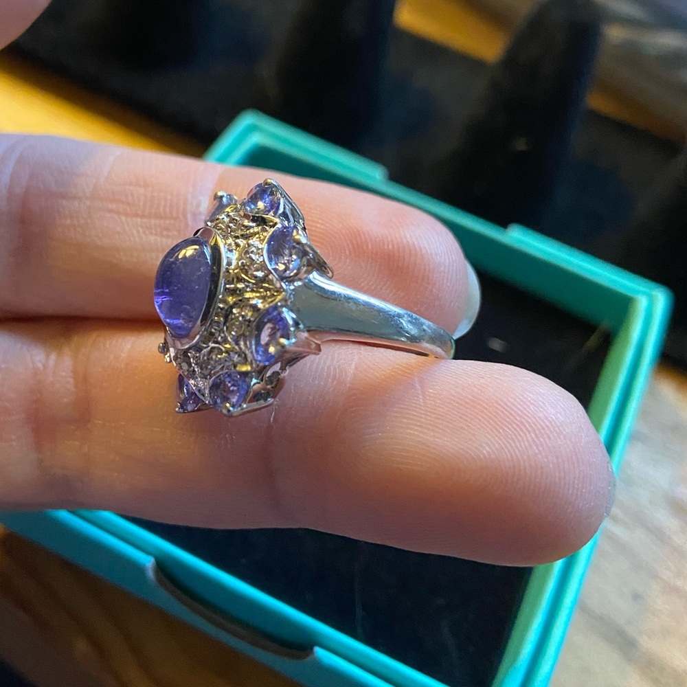 Sterling 925 Cabochon Tanzanite & Diamond Statement Cocktail Ring Size 7 - Picture 7 of 14